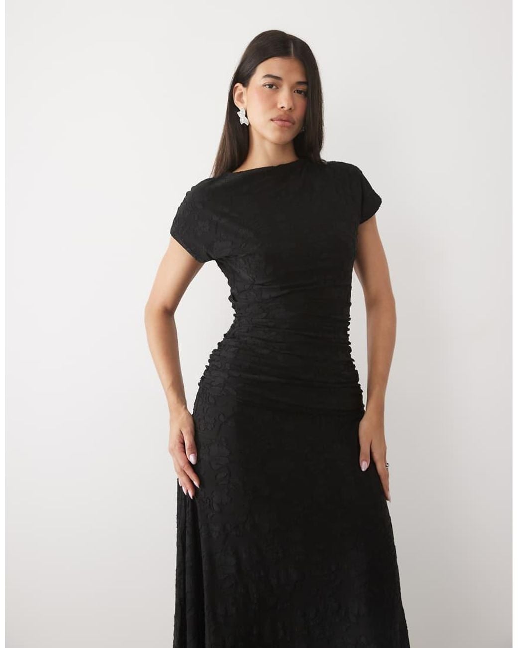 ASOS Black Devore Lace Ruched Detail Short Sleeve Maxi Dress