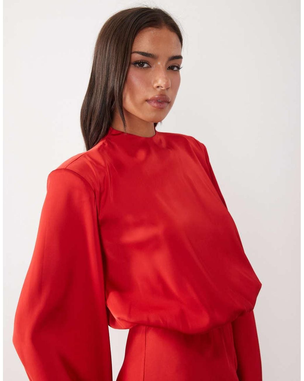 Kaiia Red Exclusive Satin High Neck Fold Over Detail Wide Sleeve Fishtail Hem Maxi Dress