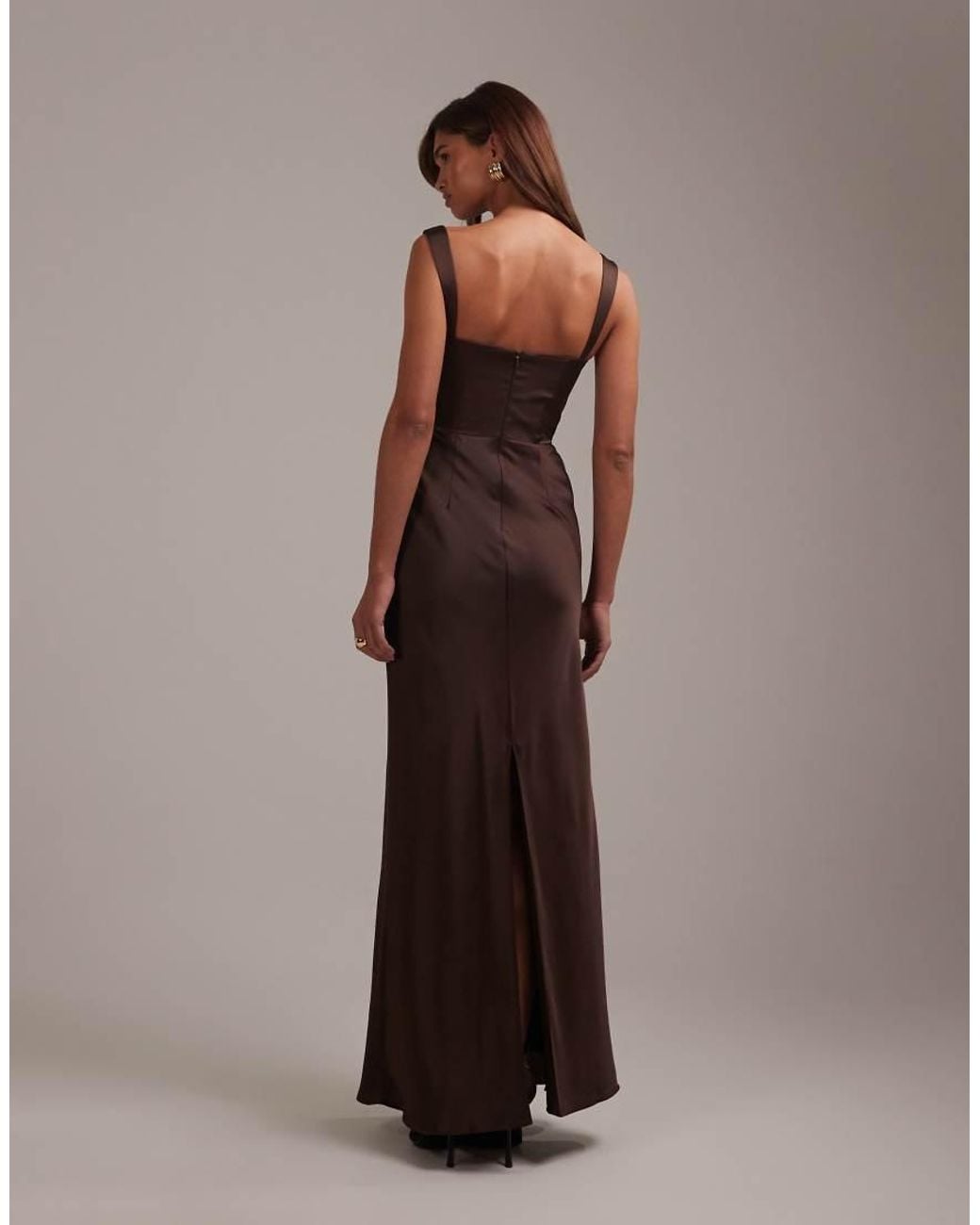 ASOS Brown Bridesmaids Satin Draped Bust Maxi Dress With Column Skirt