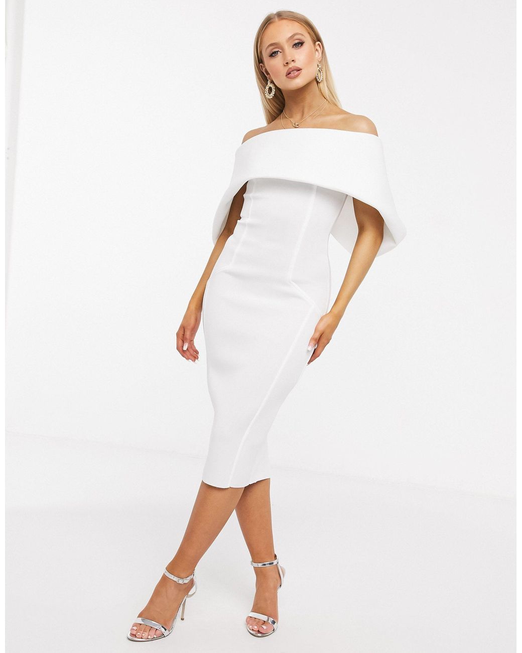 ASOS Fold Front Bardot Midi Pencil Dress in White | Lyst