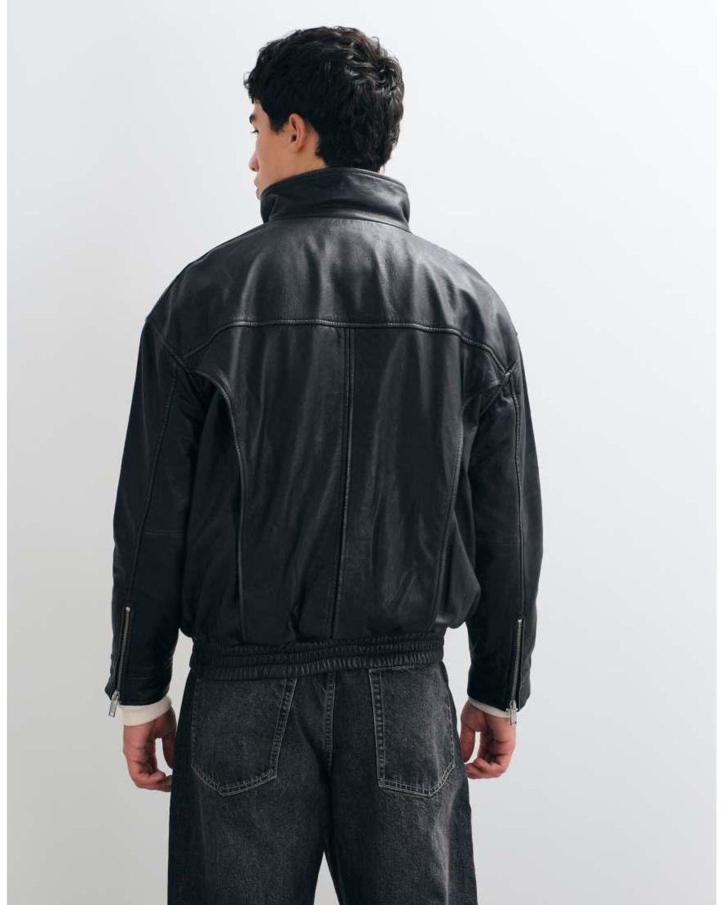 Barney's Originals Blue Real Leather Funnel Neck Bomber Jacket for men