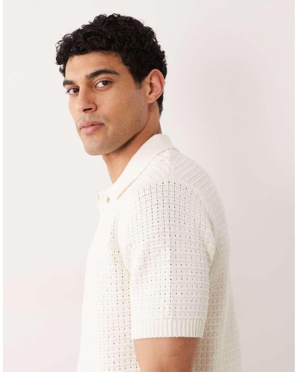 Mango White Button Up Short Sleeve Waffle Knit Poloshirt for men
