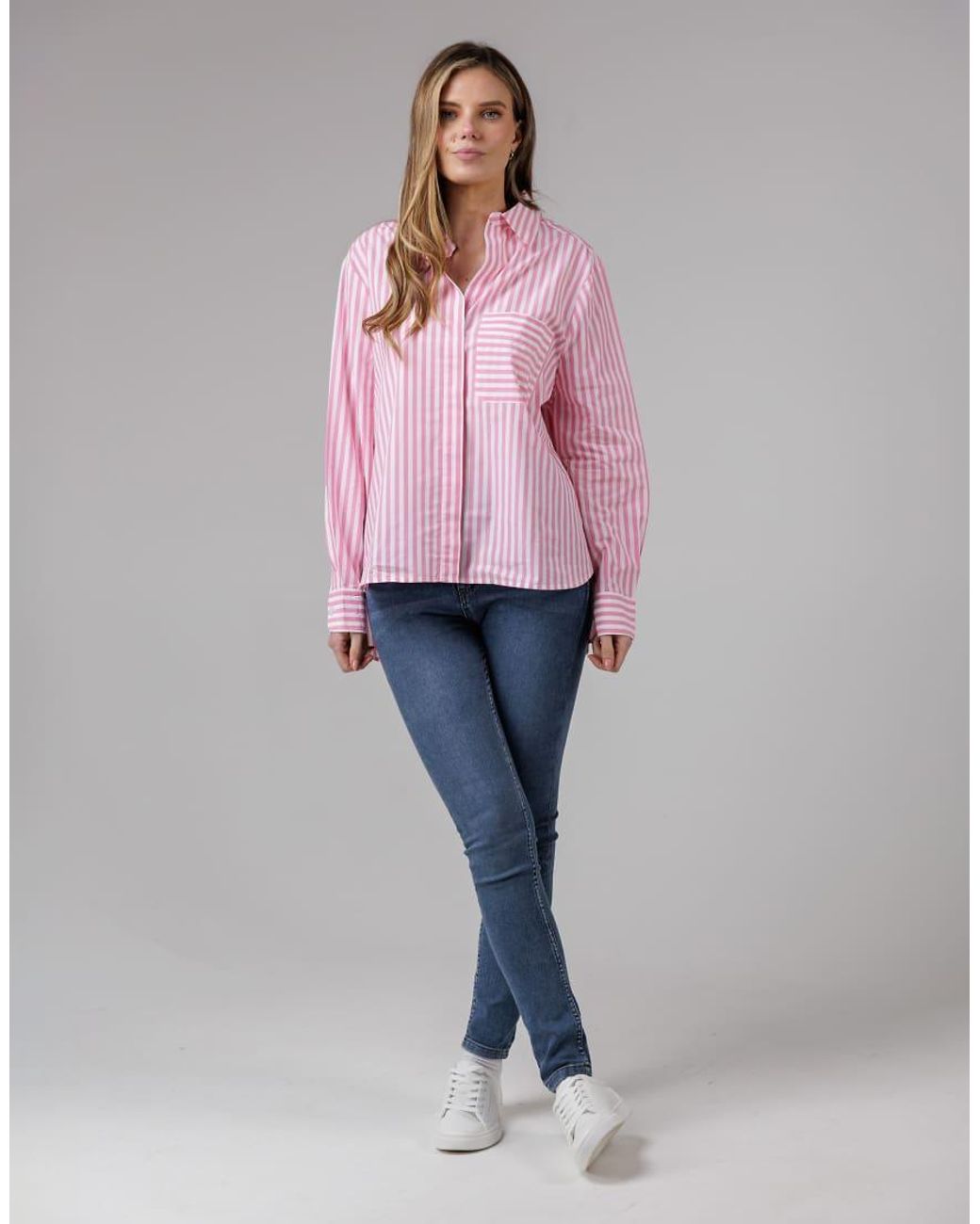 French Connection Pink Cotton Relaxed-Fit Long Sleeve Striped Popover High-Low Hem Shirt