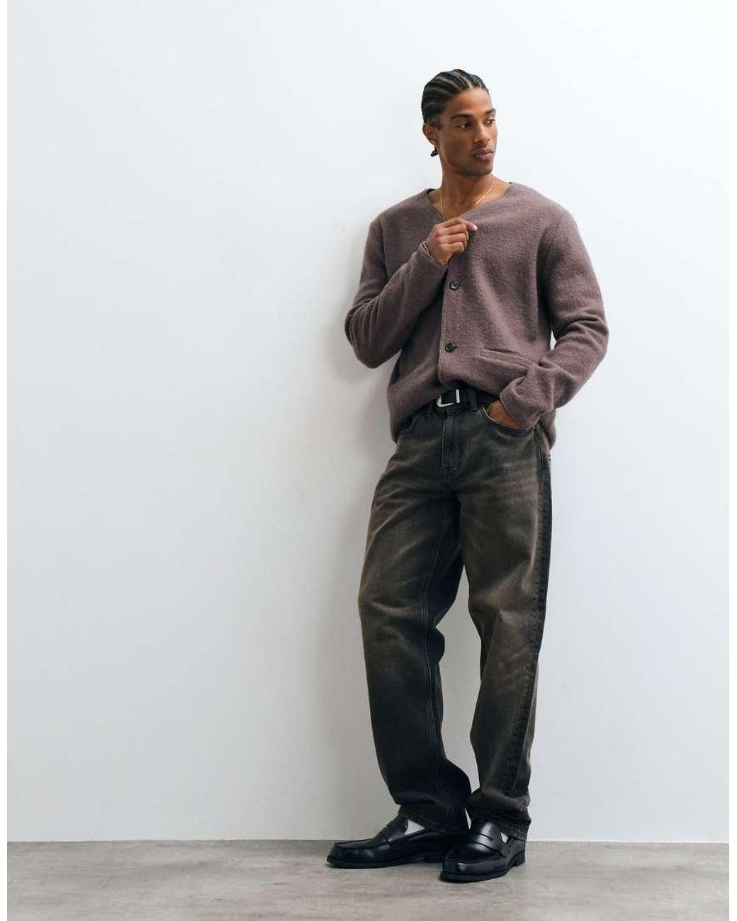 SELECTED Brown 100% Boiled Wool V-neck Cardigan for men