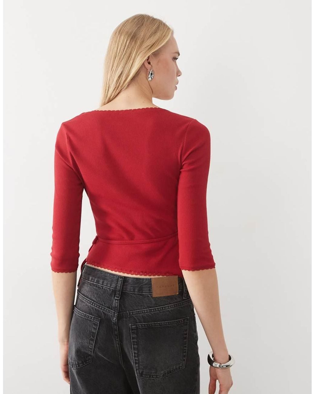Miss Selfridge Red 3/4 Sleeve Wrap Top