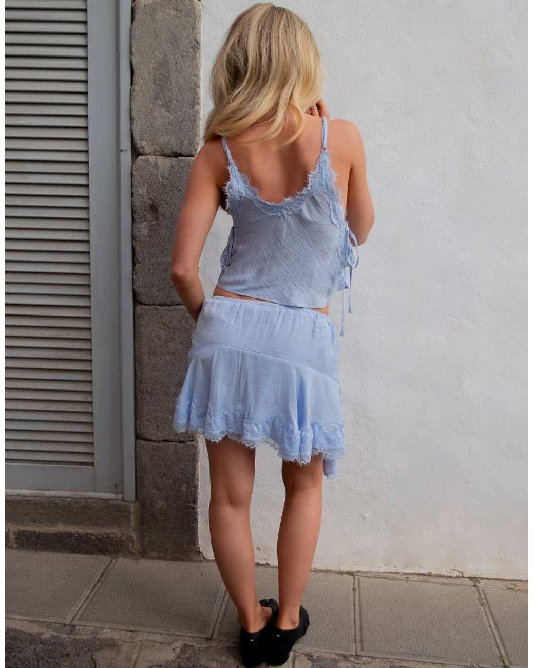 Daisy Street Blue X Emma Jean Boho Satin Mini Skirt With Lace Detailing