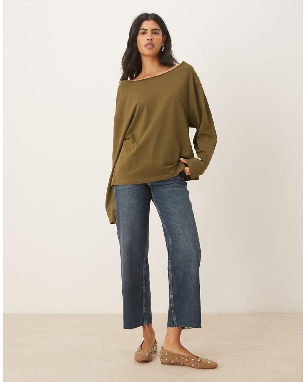 ASOS Natural Off Shoulder Long Sleeve Tee
