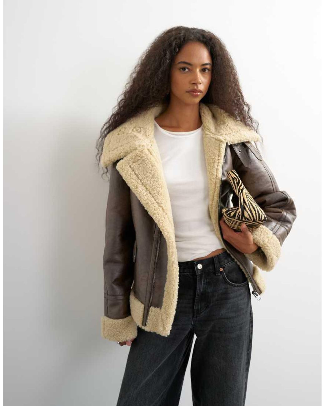 TOPSHOP Black Oversized Shearling Collar Detail Jacket