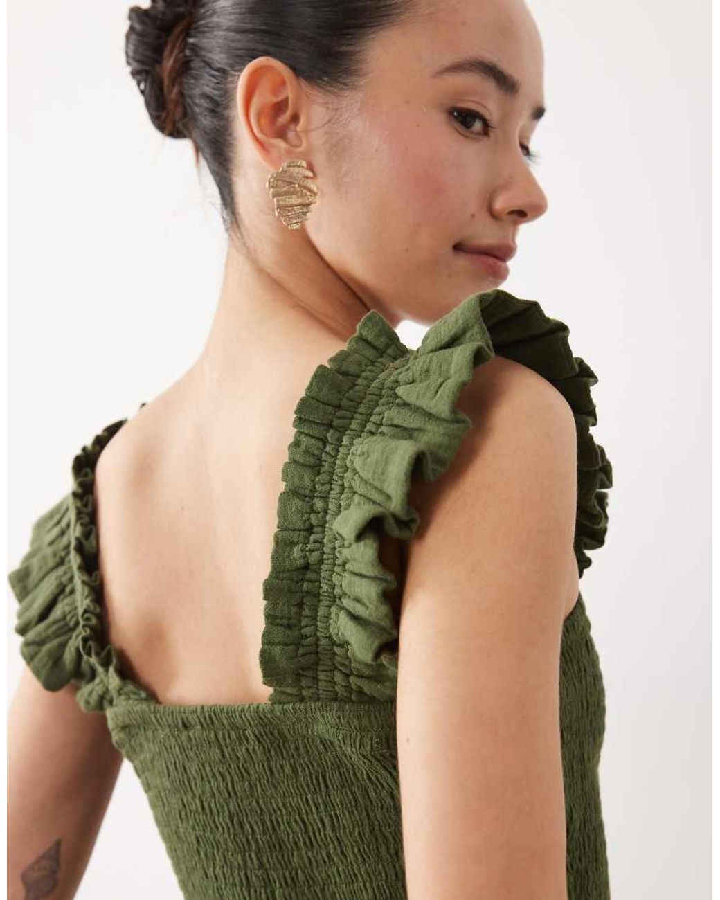 Nobody's Child Petite Green Maya Cotton Ruffle Detail Square Neck Jumpsuit
