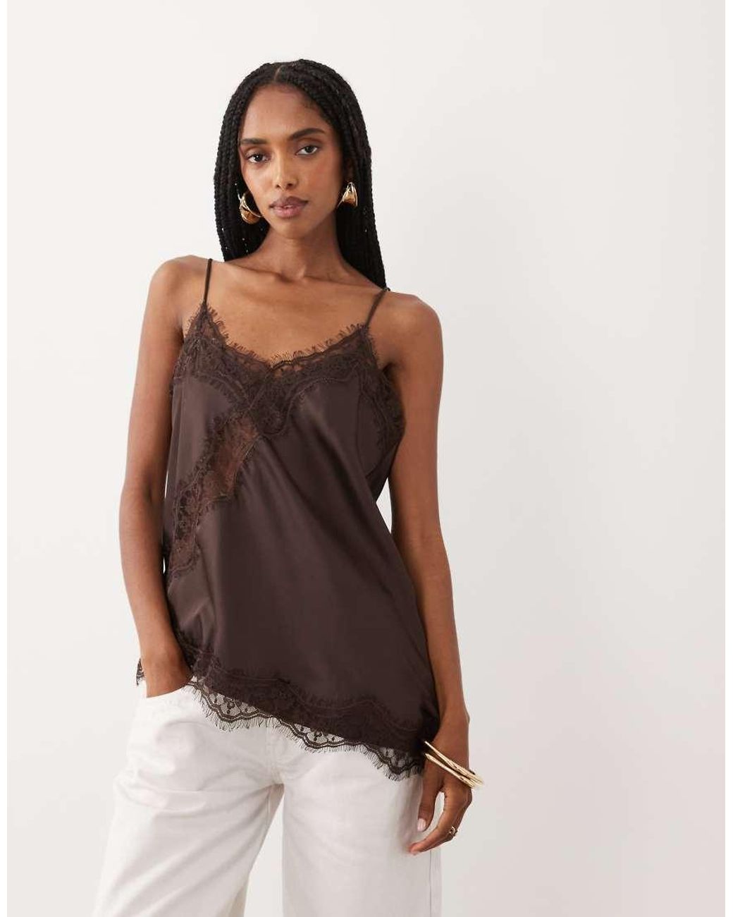 Jdy Brown Asymmetric Cami Top With Lace Edge