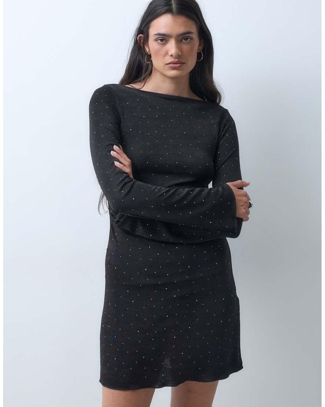 Monki Blue Long Sleeve Boatneck Mini Dress With Studs