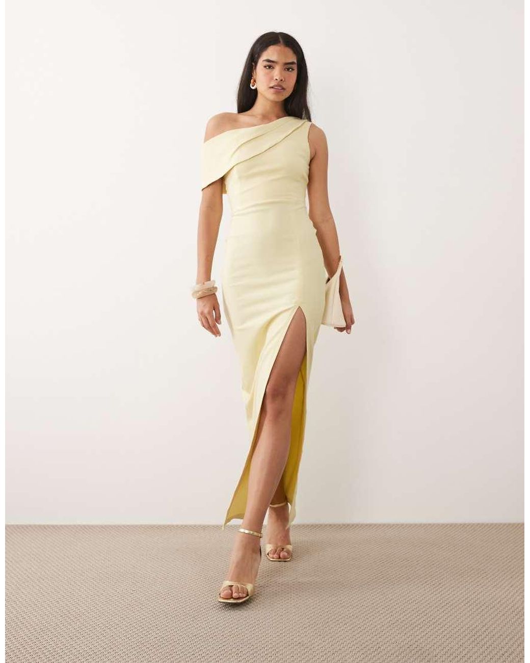 Vesper Brown Bengaline Drape Off Shoulder Maxi Dress