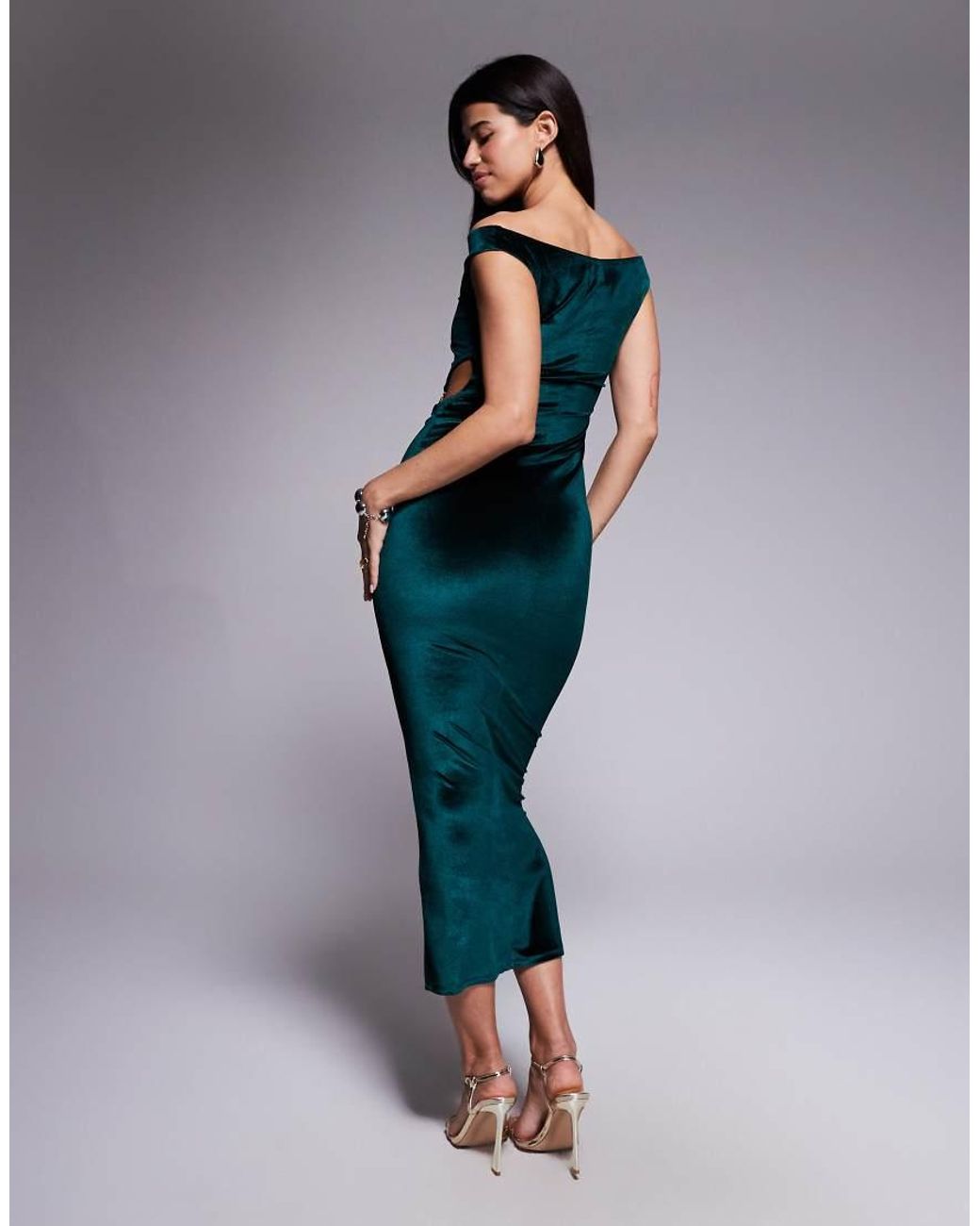 ASOS Blue Velvet Bardot Midi Dress With Cut Out And Trim