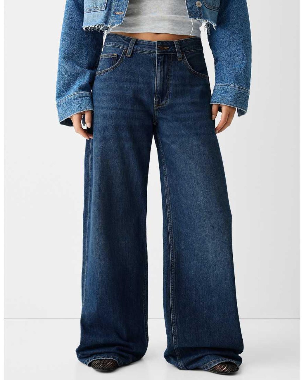 Bershka Blue Petite High Waisted Wide Leg Jeans