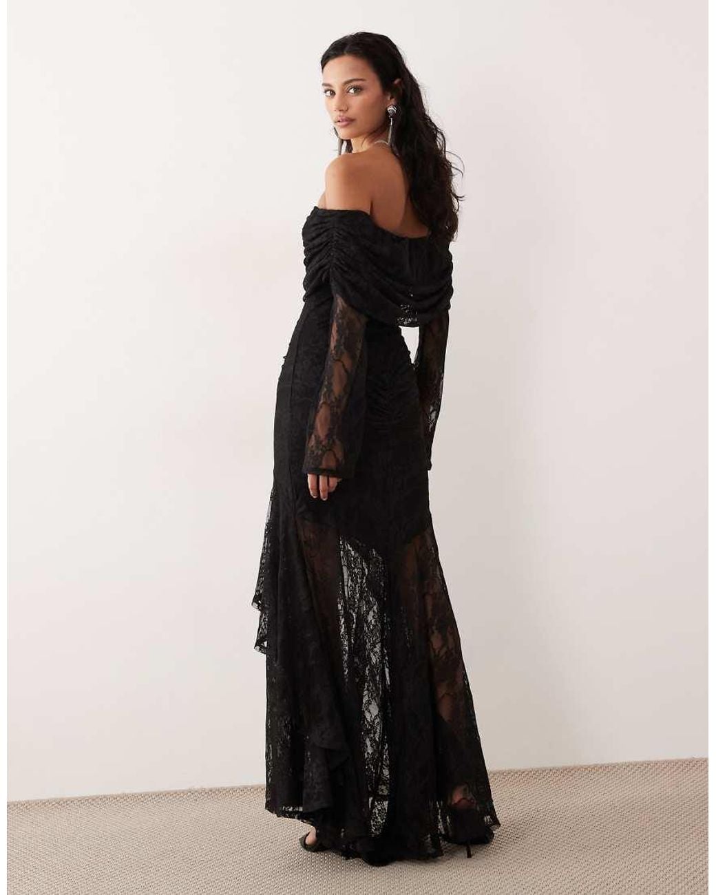 ASOS Black Lace Off The Shoulder Long Sleeve Maxi Dress