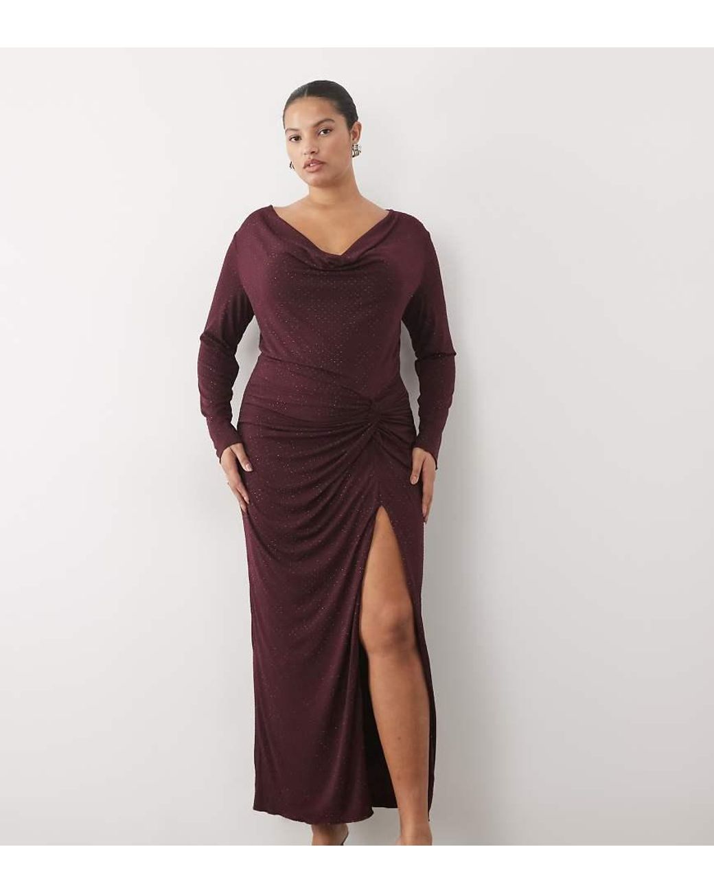 Tfnc Plus Red Cowl Neck Embellished Maxi Dress With Thigh Split