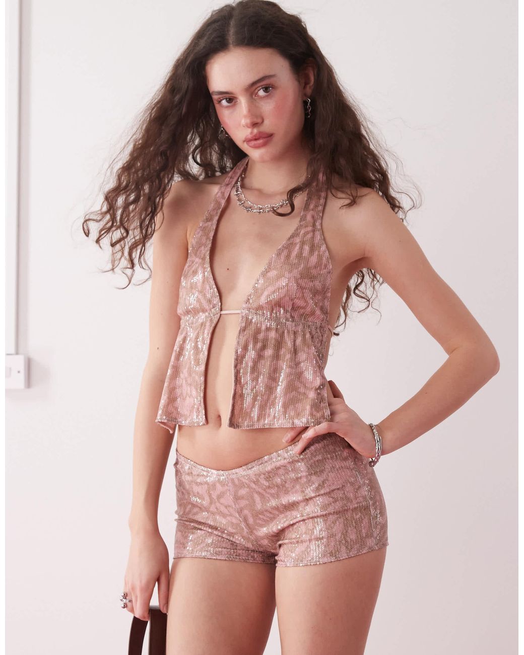 Motel Pink Erna Batik Print Sequin Micro Shorts