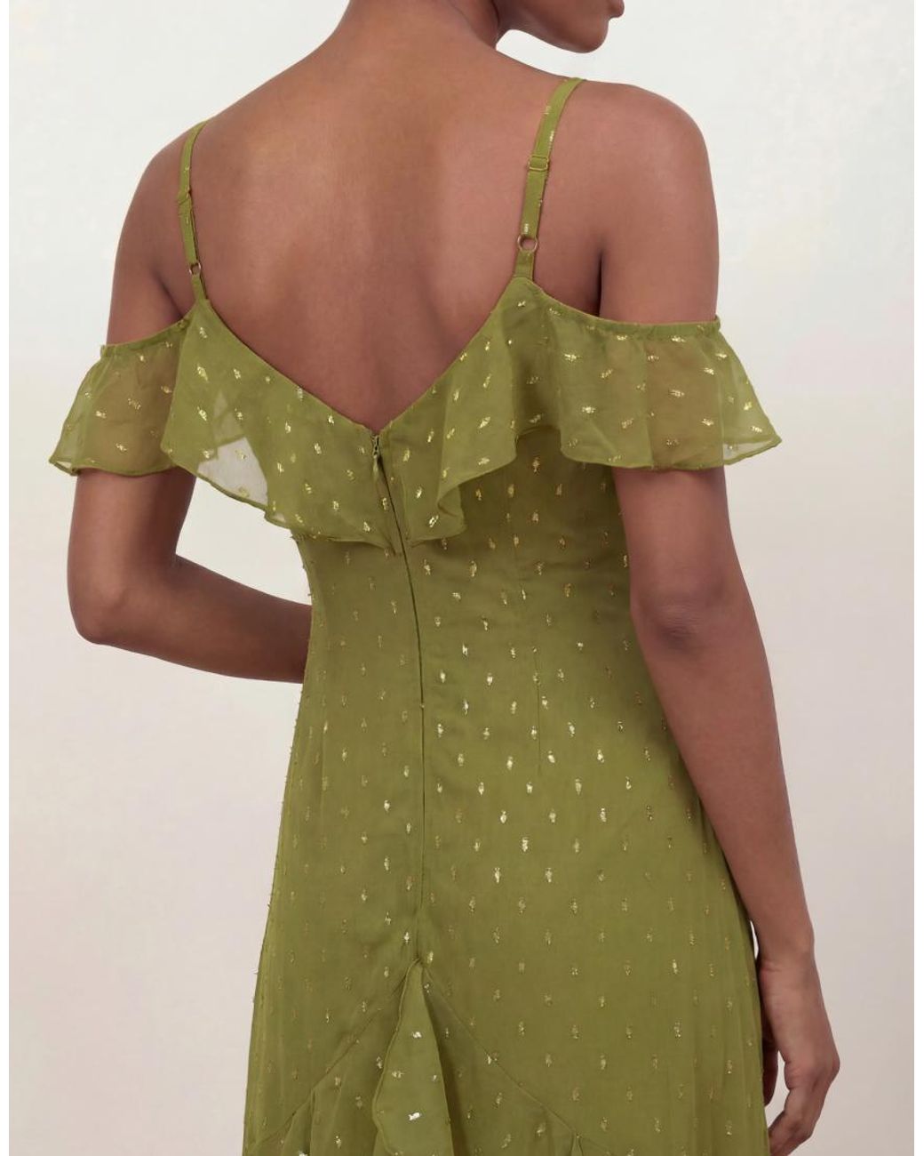 ANAYA Green Cold Shoulder Ruffle Maxi Dress