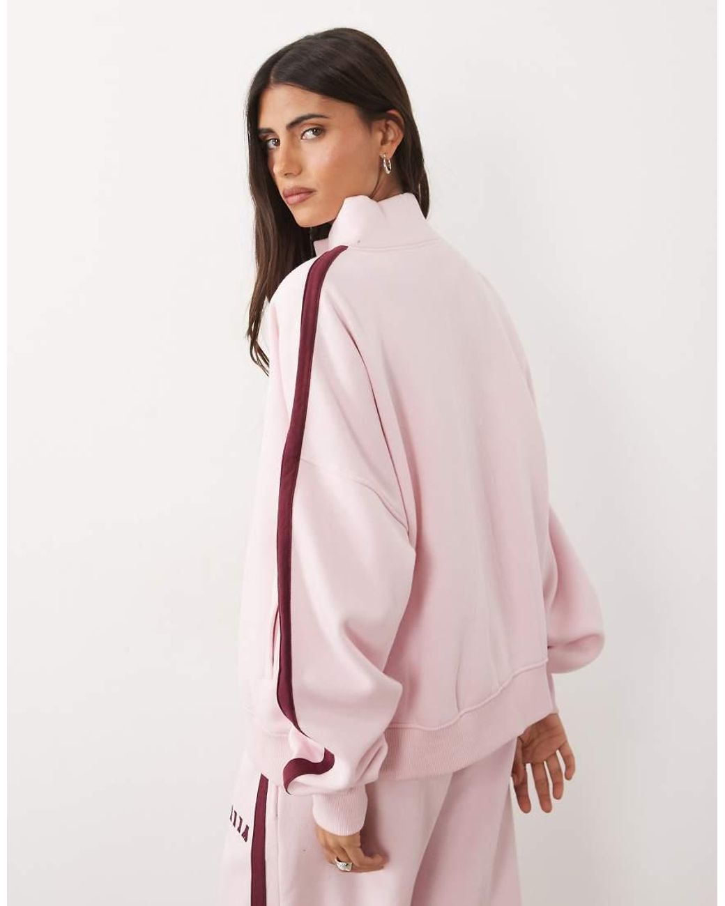 Kaiia Pink Cotton Rich Embroidered Logo Detail Oversized Zip Through High Neck Sweatshirt Co-ord