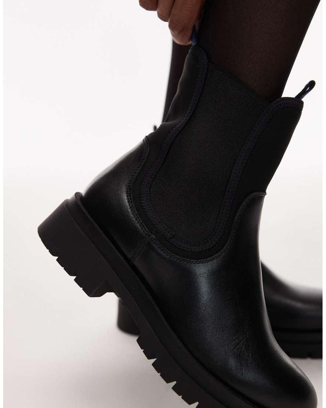 & Other Stories Black Leather High Ankle Boots With Elasticated Sides And Pull Tab Cuffs