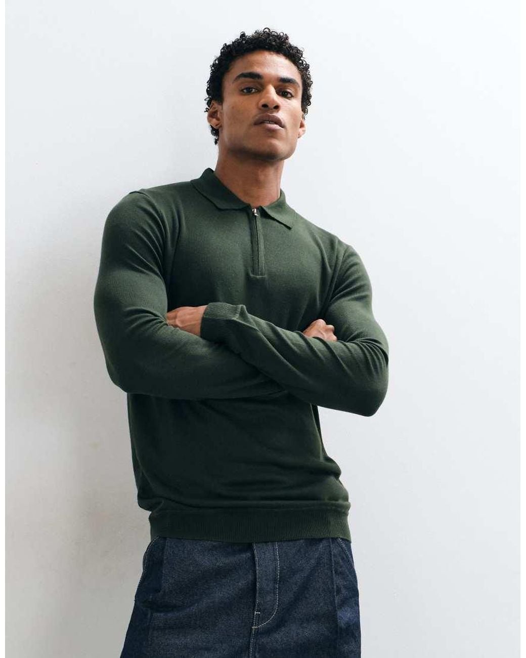 Brave Soul Green Knitted 1/4 Zip Jumper With Polo Placket for men