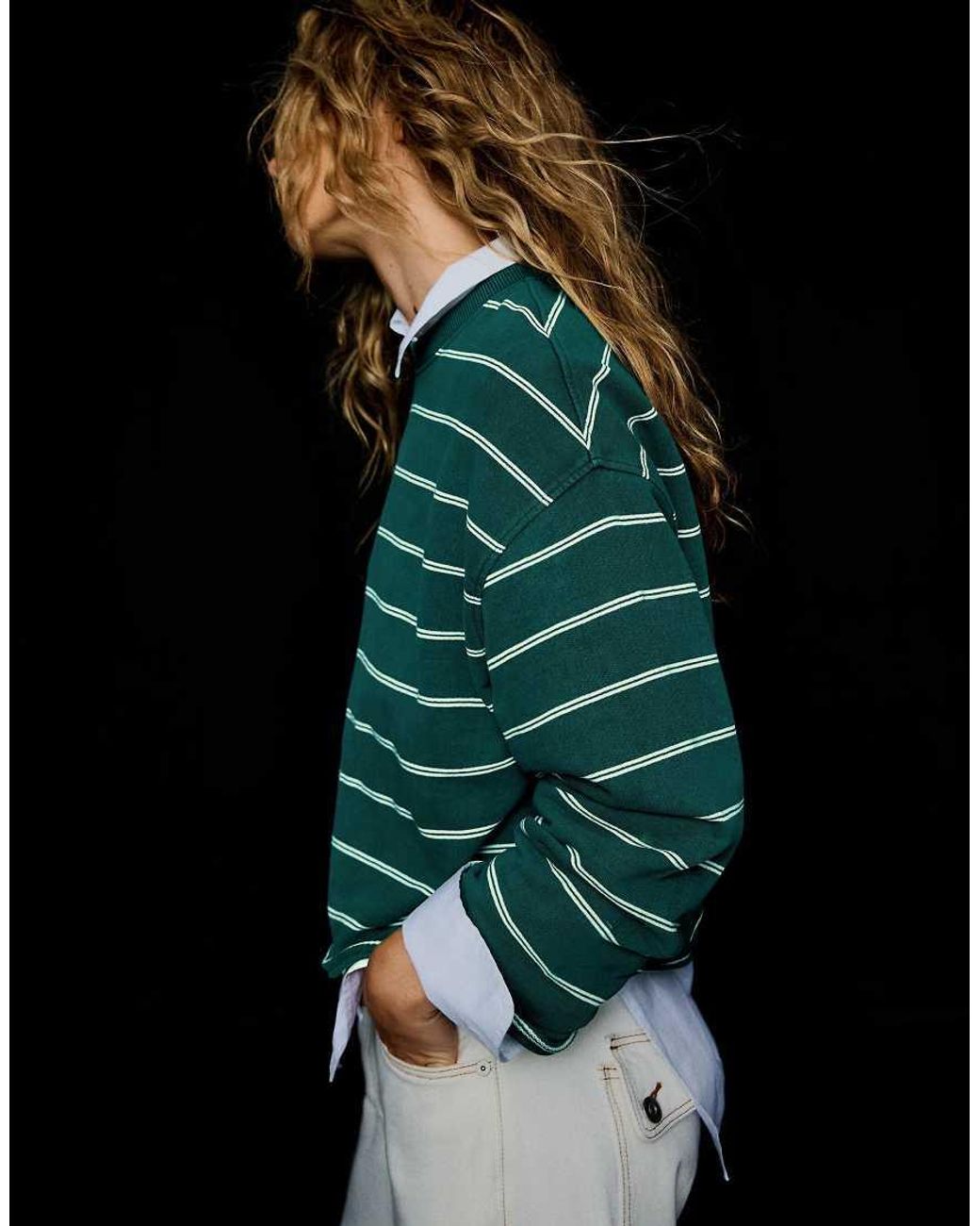 Bershka Green Striped Round Neck Sweatshirt