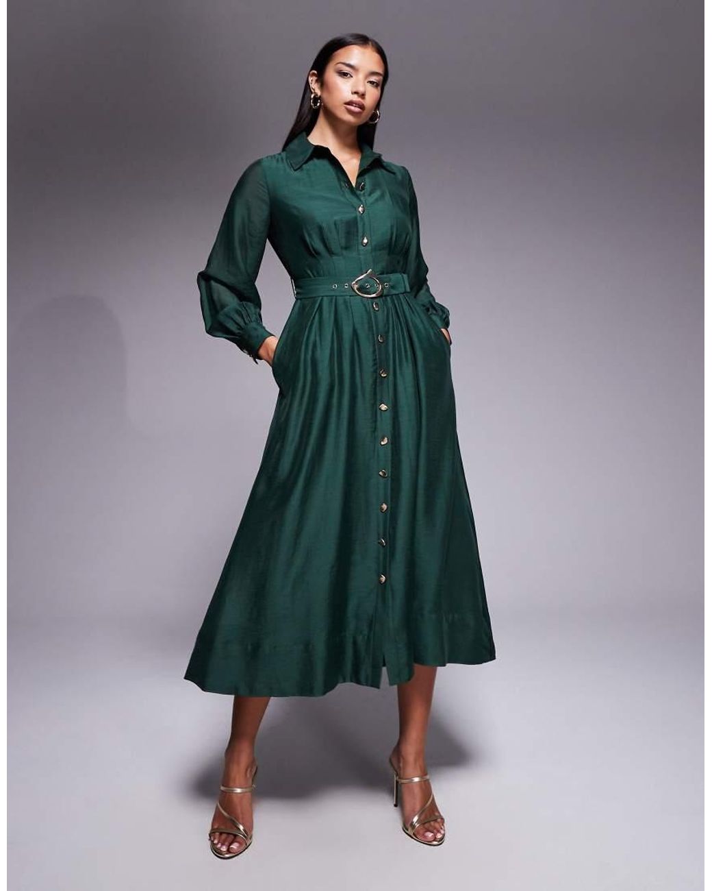 forever new dresses green Seam Detail Belted Shirt Midi Dress in Tweed dress embellished with Weill custom buttons and pockets