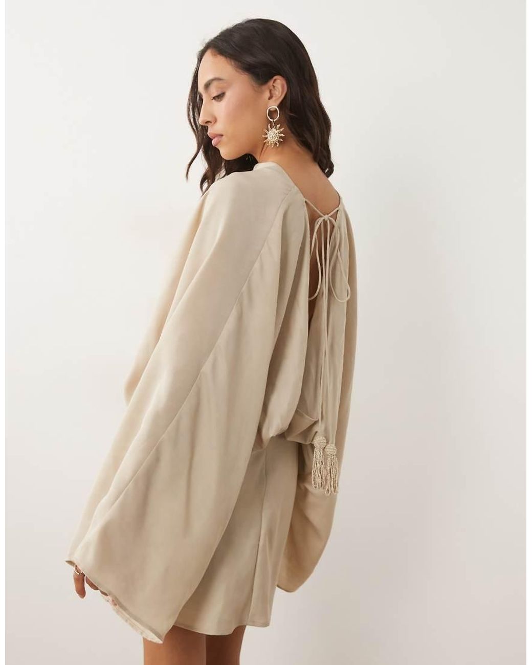 ASOS Natural Cape Sleeve Open Back Mini Dress With Tassels
