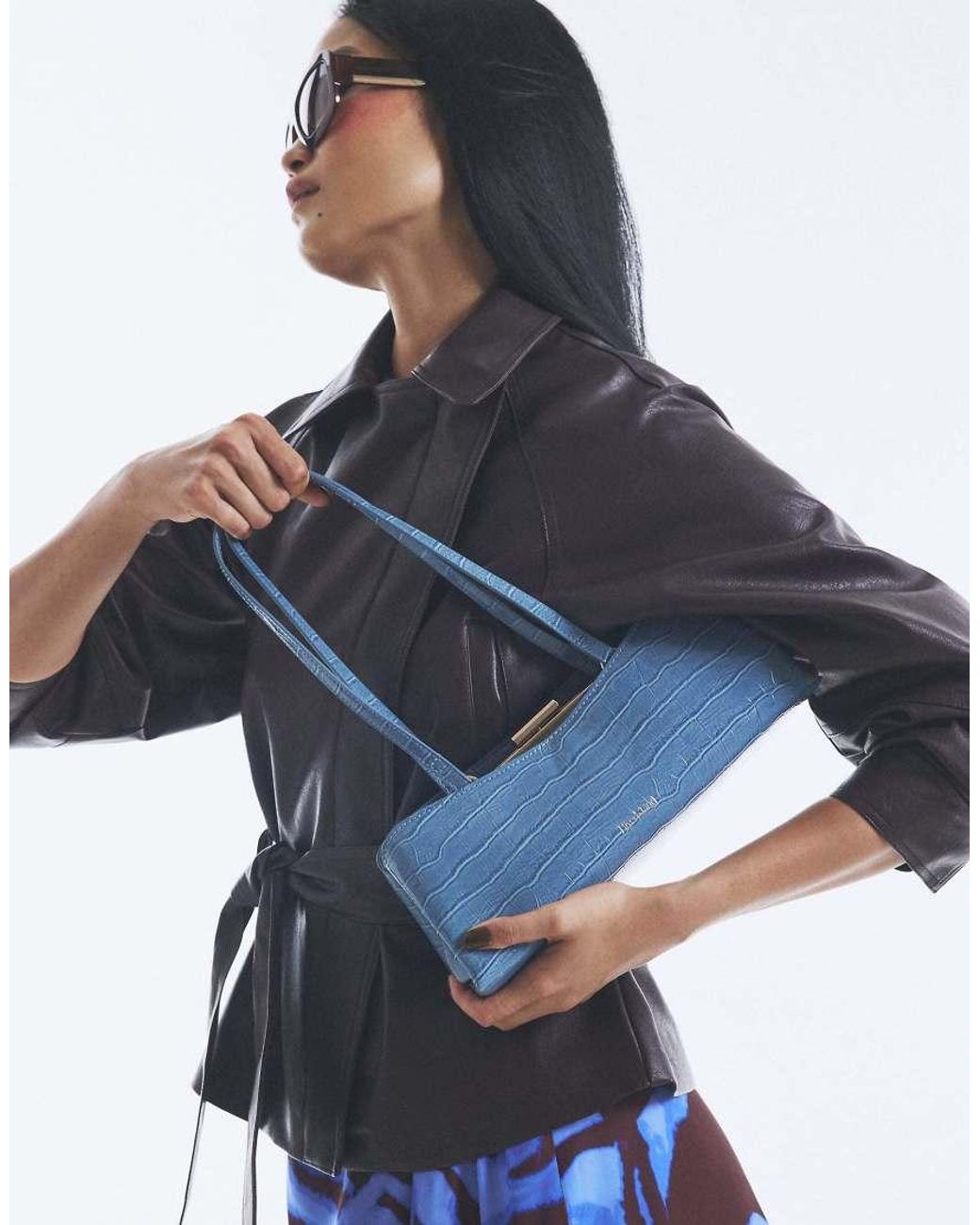 River Island Blue Croc Print Metal Frame Shoulder Bag