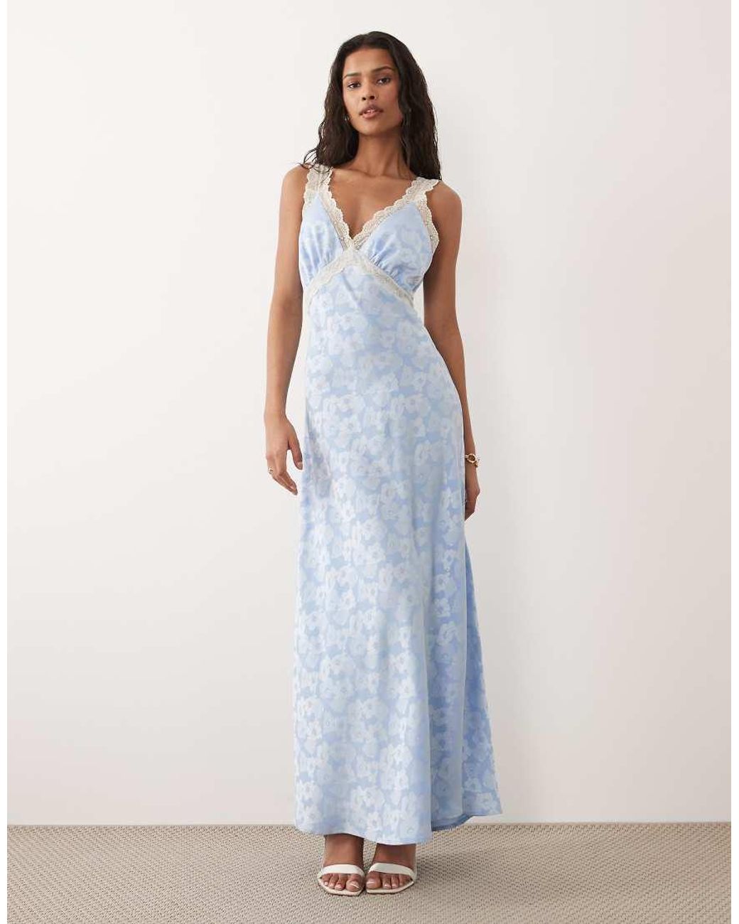 Hope & Ivy Blue Satin V-Neck Lace Trim Maxi Dress
