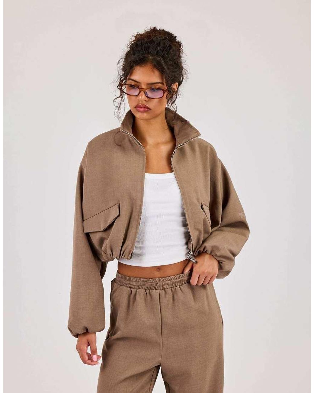 CERNUCCI Brown Twill Elasticated Hem Funnel Neck Jacket