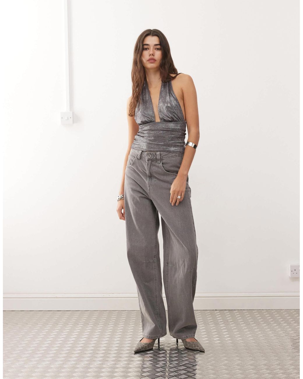 Weekday Gray Shimmer Deep Halter Neck Top