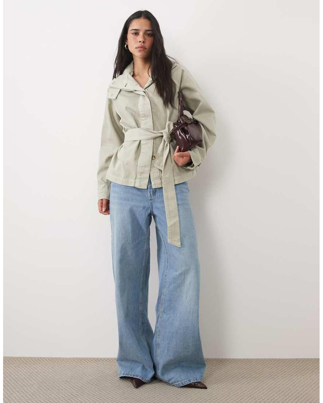 4th & Reckless Natural Twill Denim Funnel Neck Tie Waist Detail Jacket