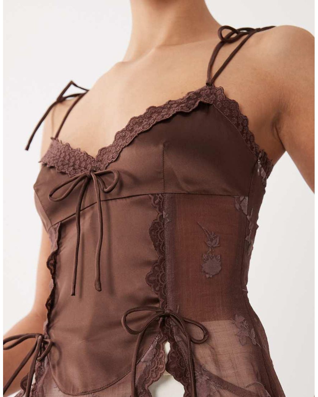 I.AM.GIA Brown Meadow Chiffon Tie Detail High Low Hem Ruffle Edge Top