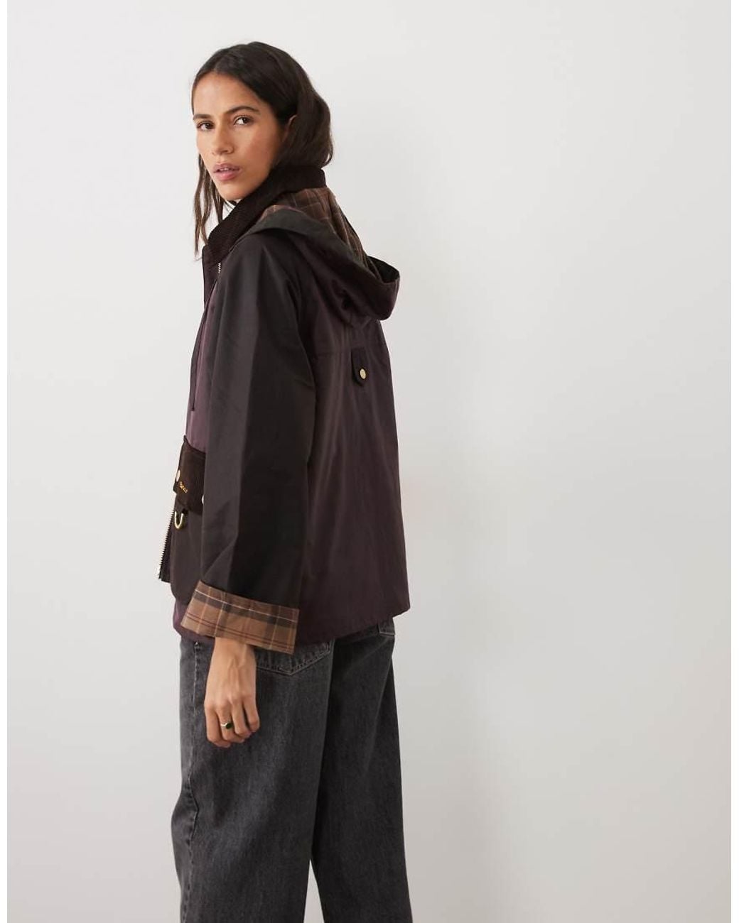 Barbour Brown Carville Tartan Check Hooded Colourblock Wax Jacket
