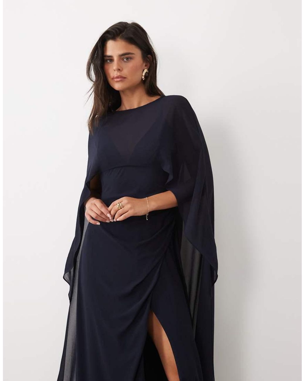 TFNC London Blue Bridesmaids Chiffon High Neck Thigh High Split Maxi Dress With Cape