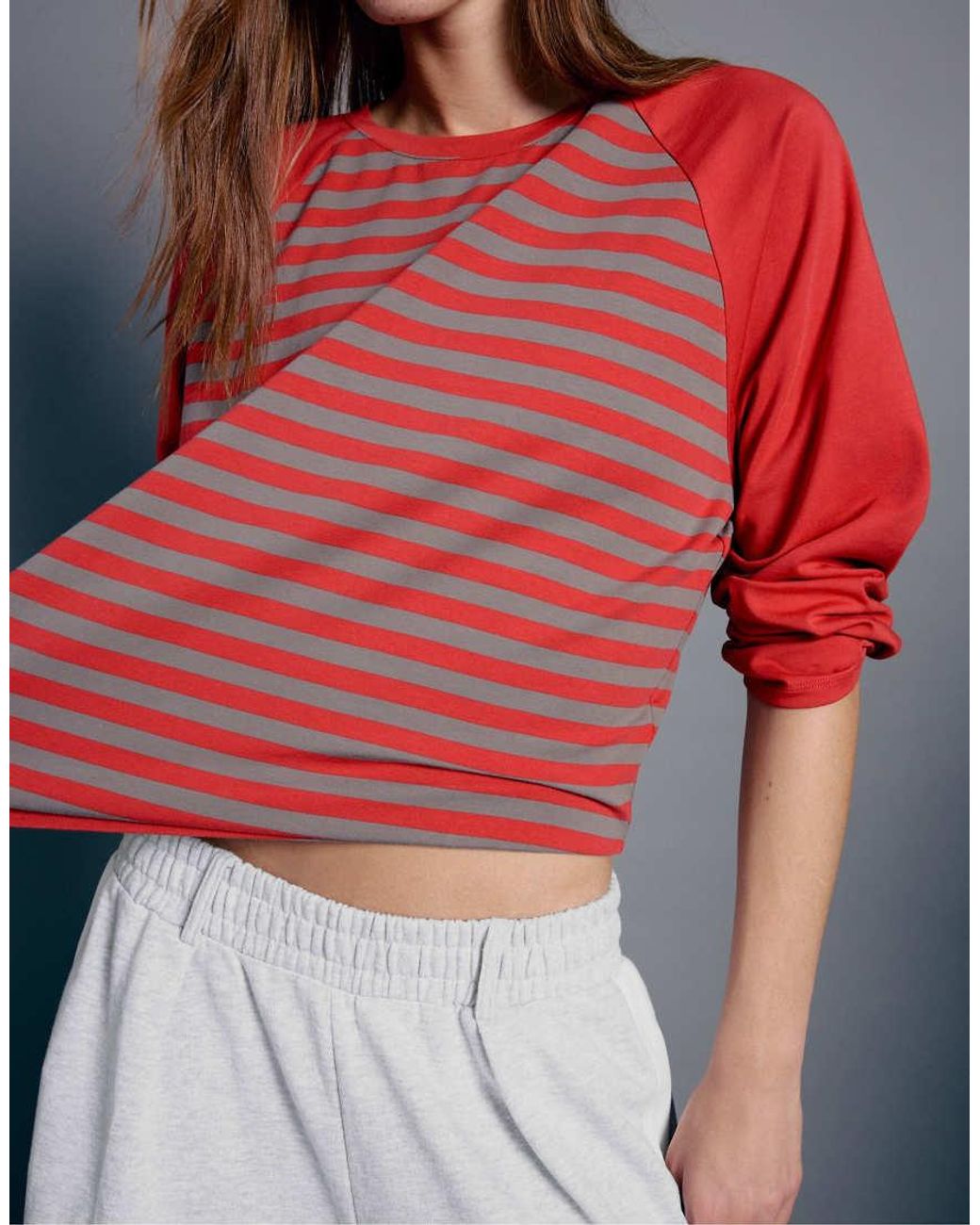 Stradivarius Red Striped Raglan Sleeve T-Shirt