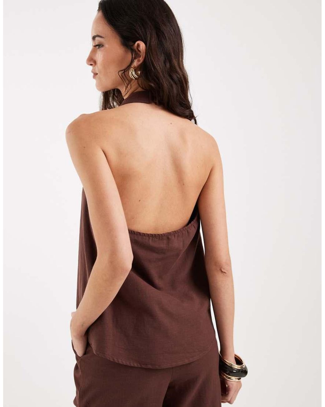 4th & Reckless Brown Linen Feel Halterneck V Neck Floaty Top