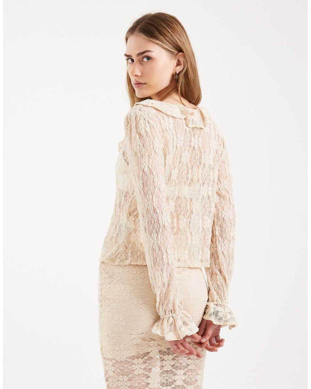 ONLY Natural Long Sleeve Lace Top Co-ord With Ruffle Detail