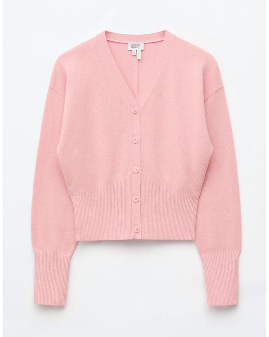 & Other Stories Pink 100% Wool Cuffed Sleeve V Neck Fitted Cardigan With Buttons