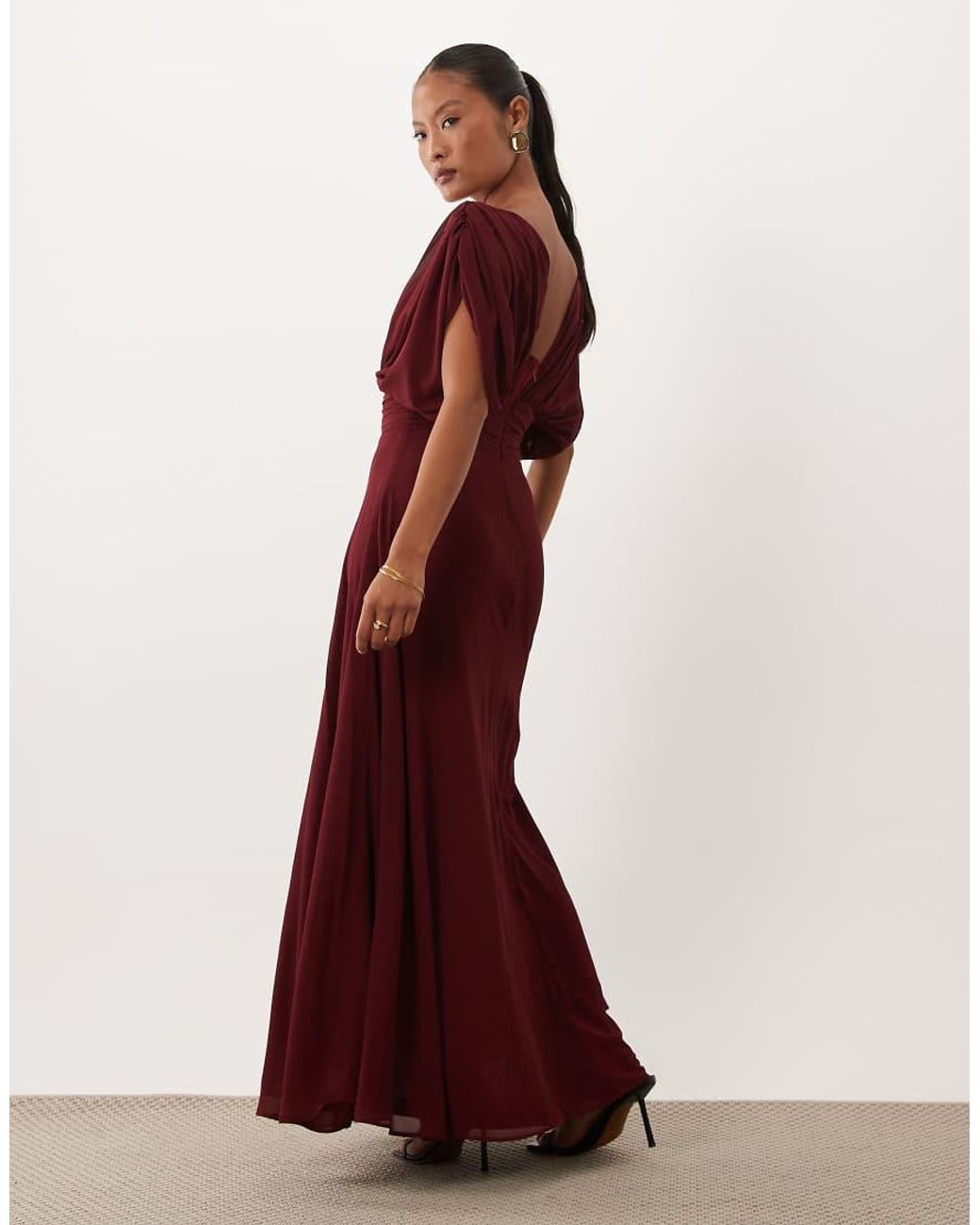TFNC London Red Tfnc Bridesmaid Petite Chiffon V-neck Draped Sleeve Pleated Maxi Dress