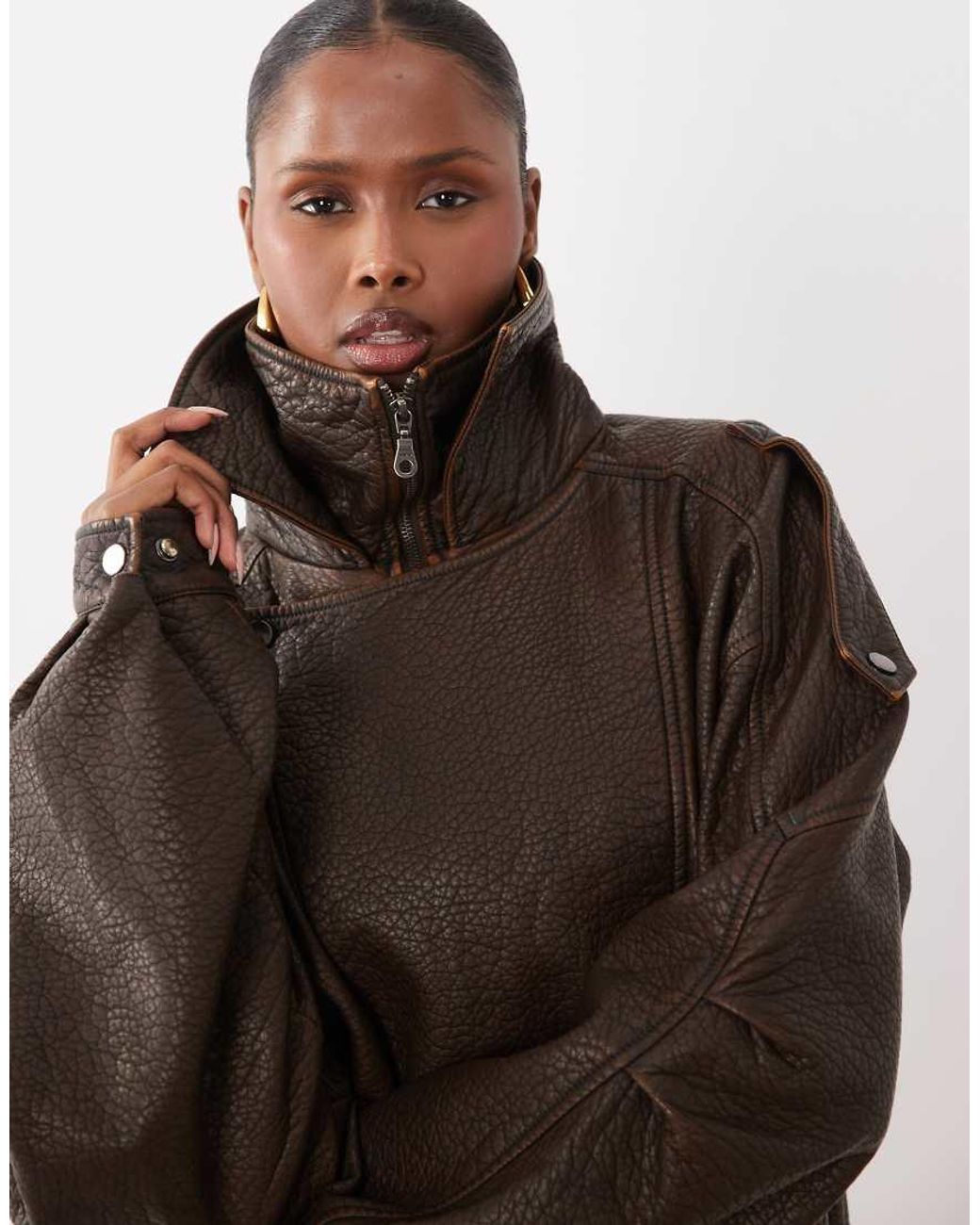 Noughts & Kisses Brown Eska Faux Leather Funnel Neck Buckle Detail Oversized Bomber Jacket