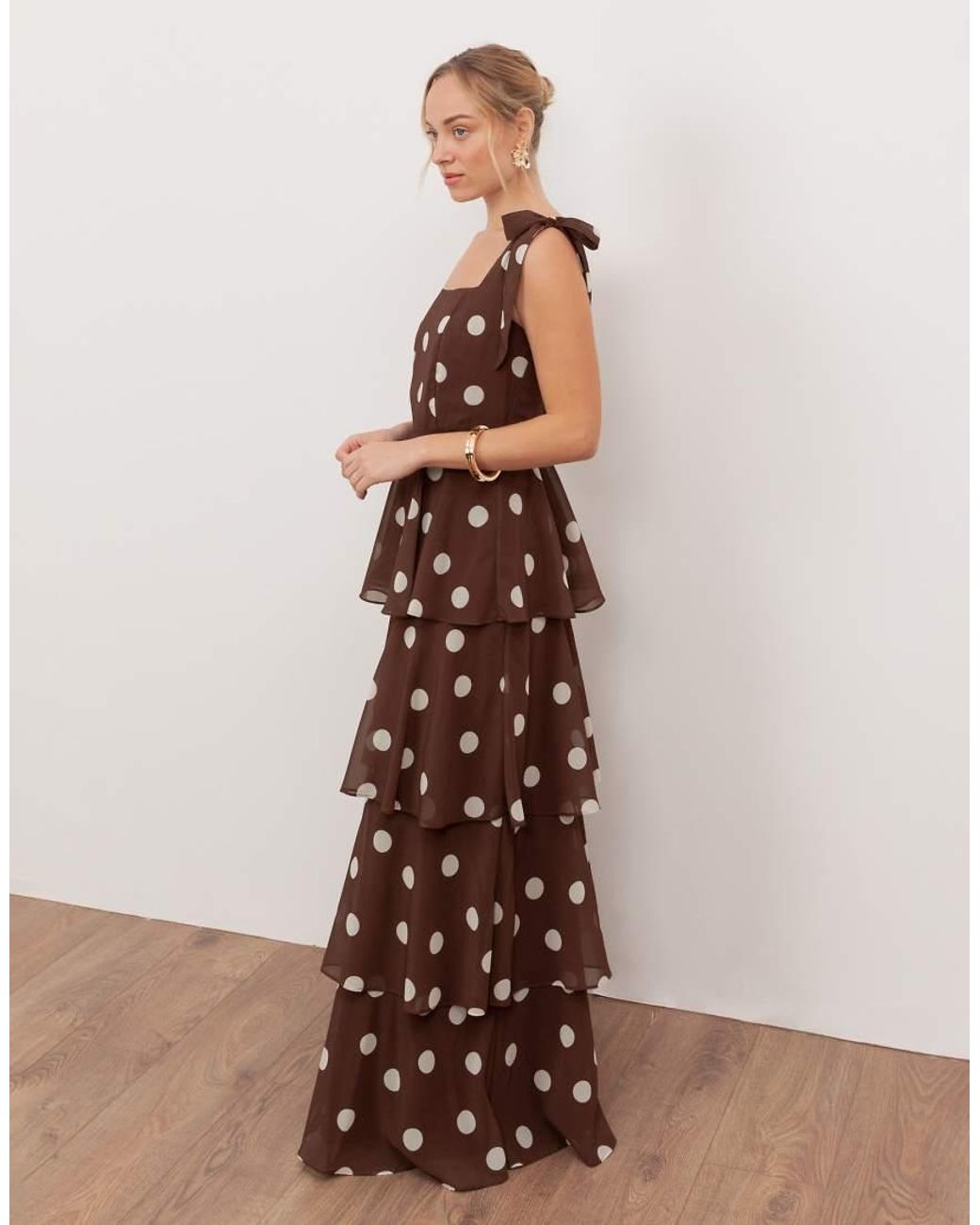 ANAYA Brown Tie Shoulder Tiered Maxi Dress