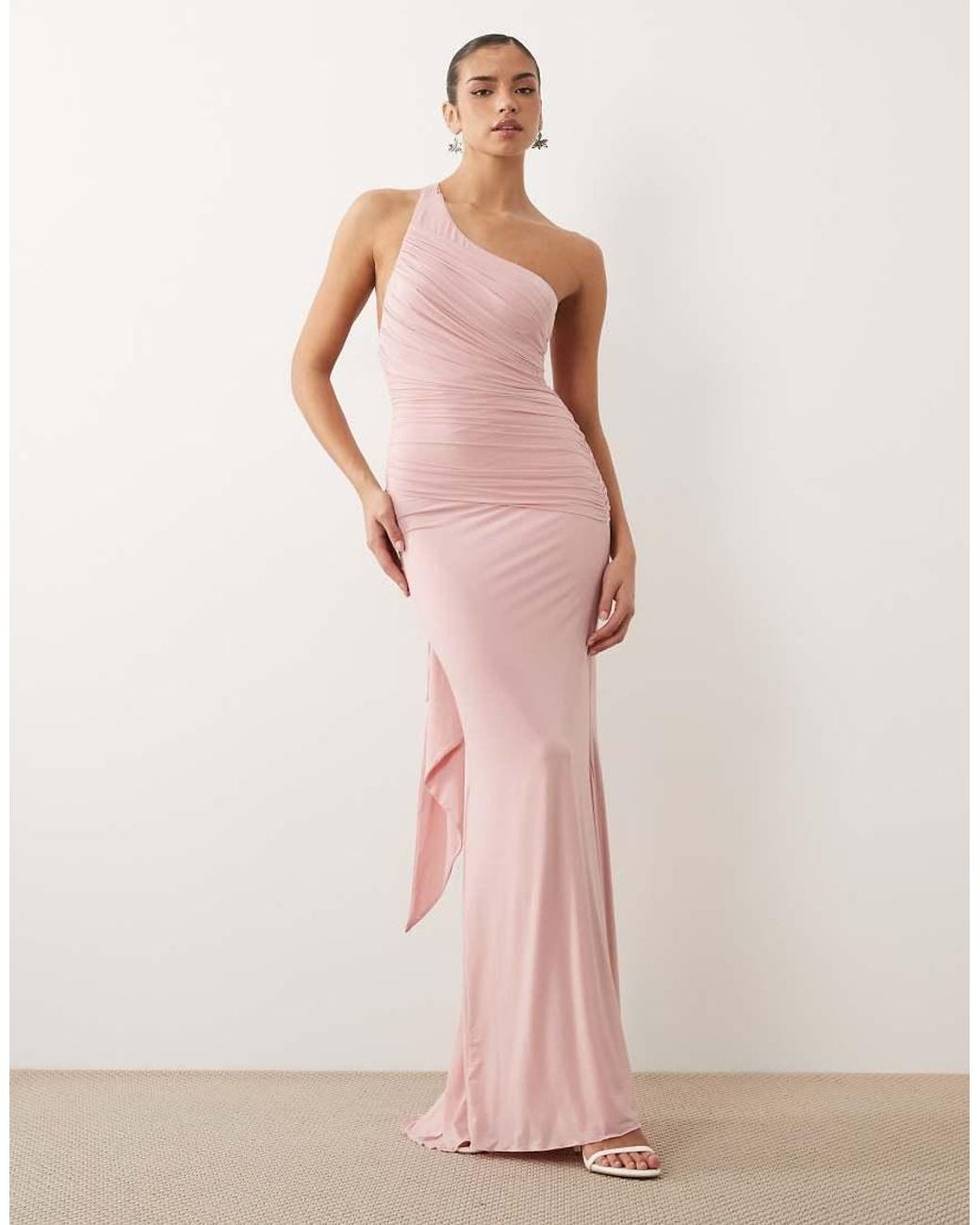 Oh Polly Pink Slinky Draped Detailing One Shoulder Open Tie Back Maxi Dress