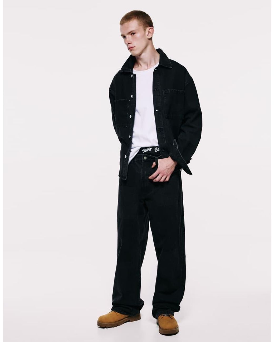 Pull&Bear Blue Jacquard Denim Overshirt for men