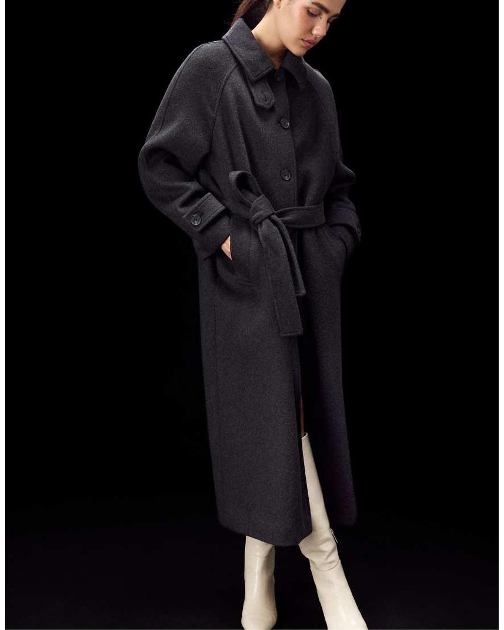 Stradivarius Black Long Felt Coat With Buttons