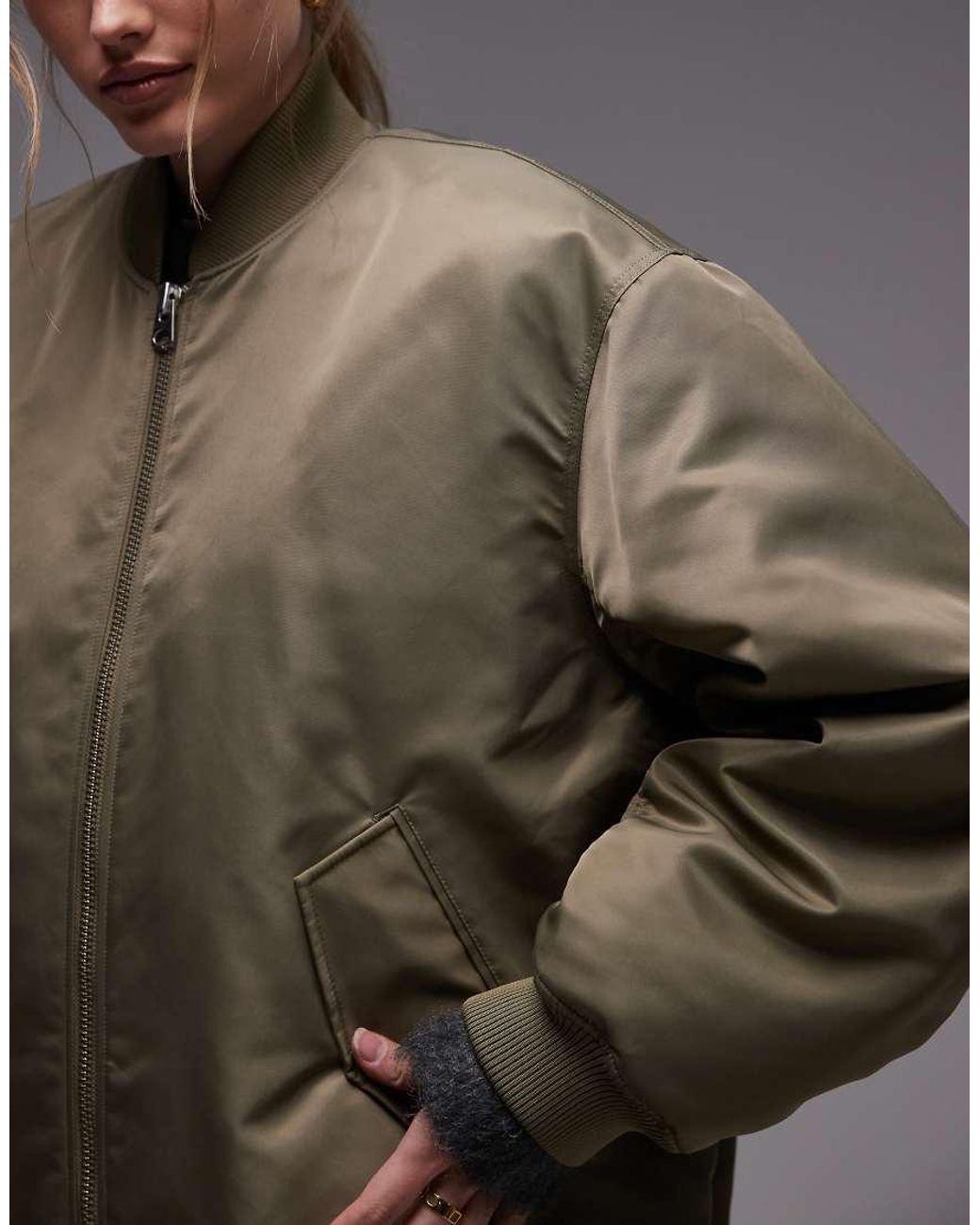 & Other Stories Gray Nylon Rib Sleeve Oversized Bomber Jacket