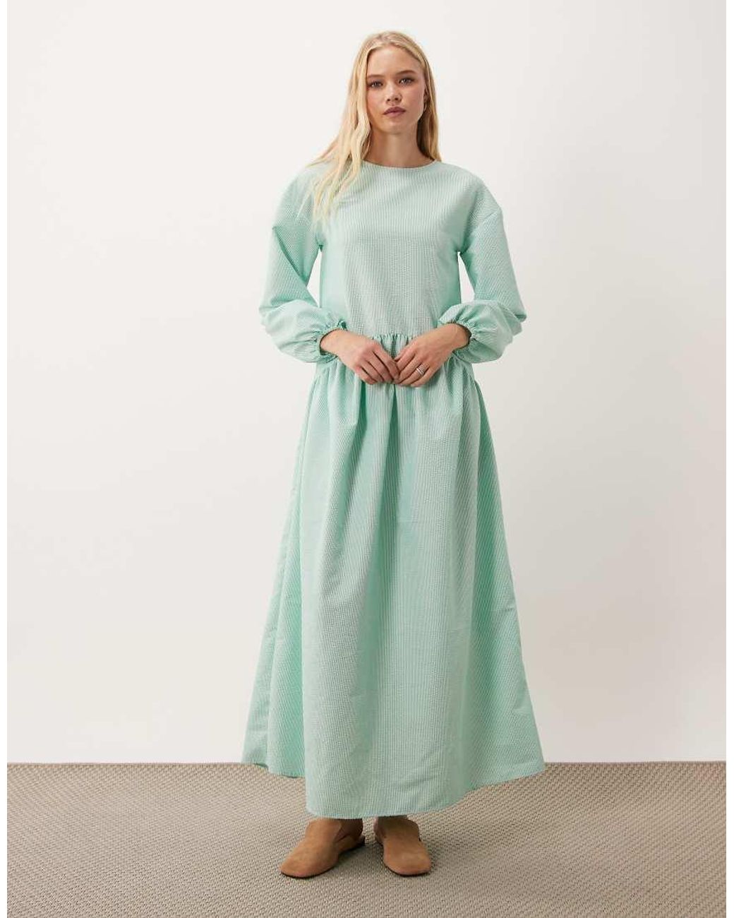 ASOS Green Crew Neck Arched Waist Smock Maxi Dress