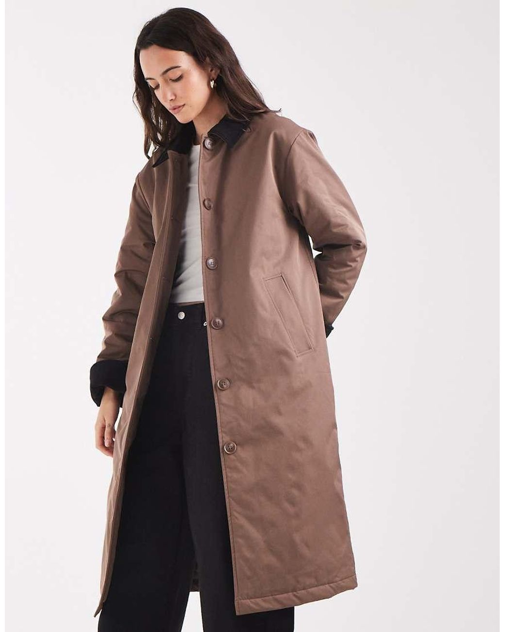 Pieces Natural Longline Trench Coat With Cord Collar Detail