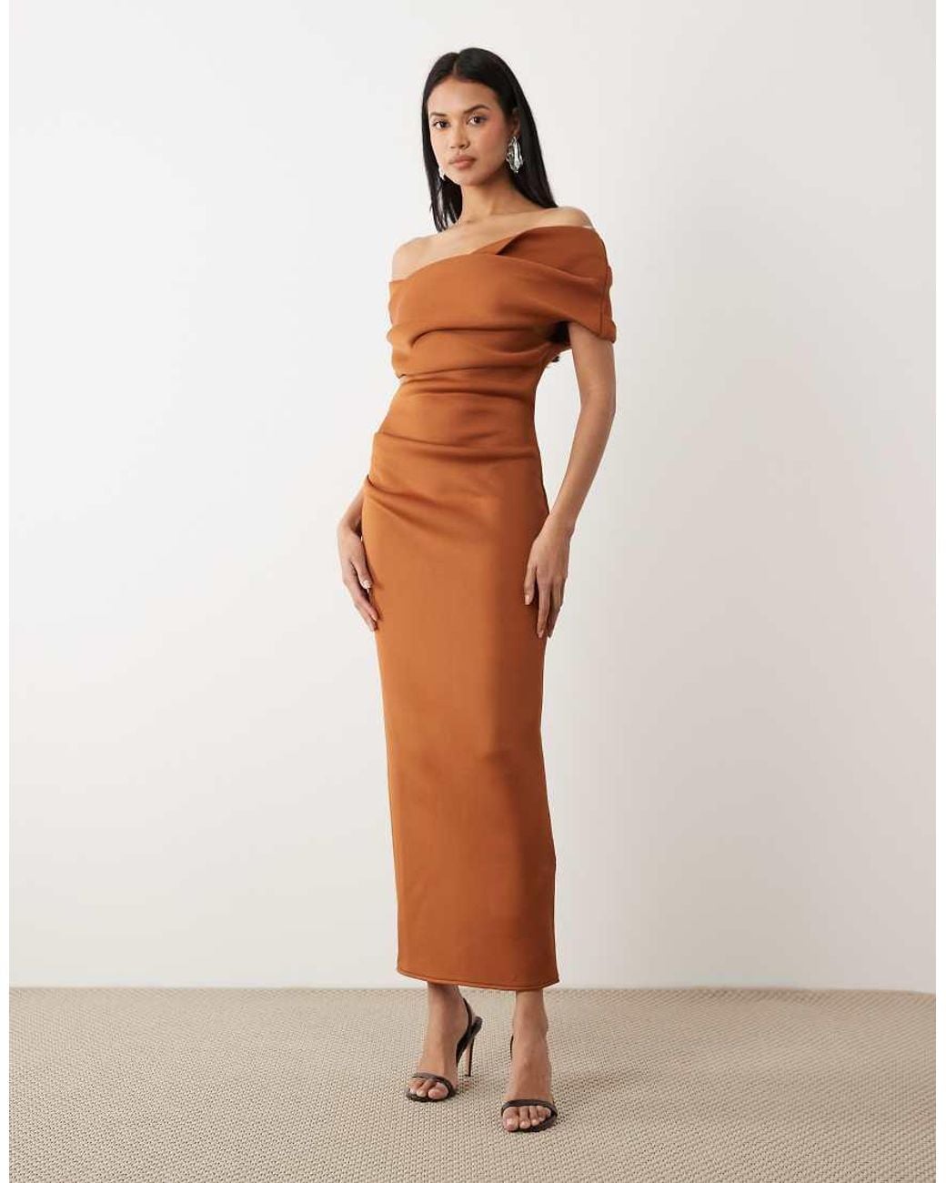 ASOS Natural Bardot Midi Dress With Split